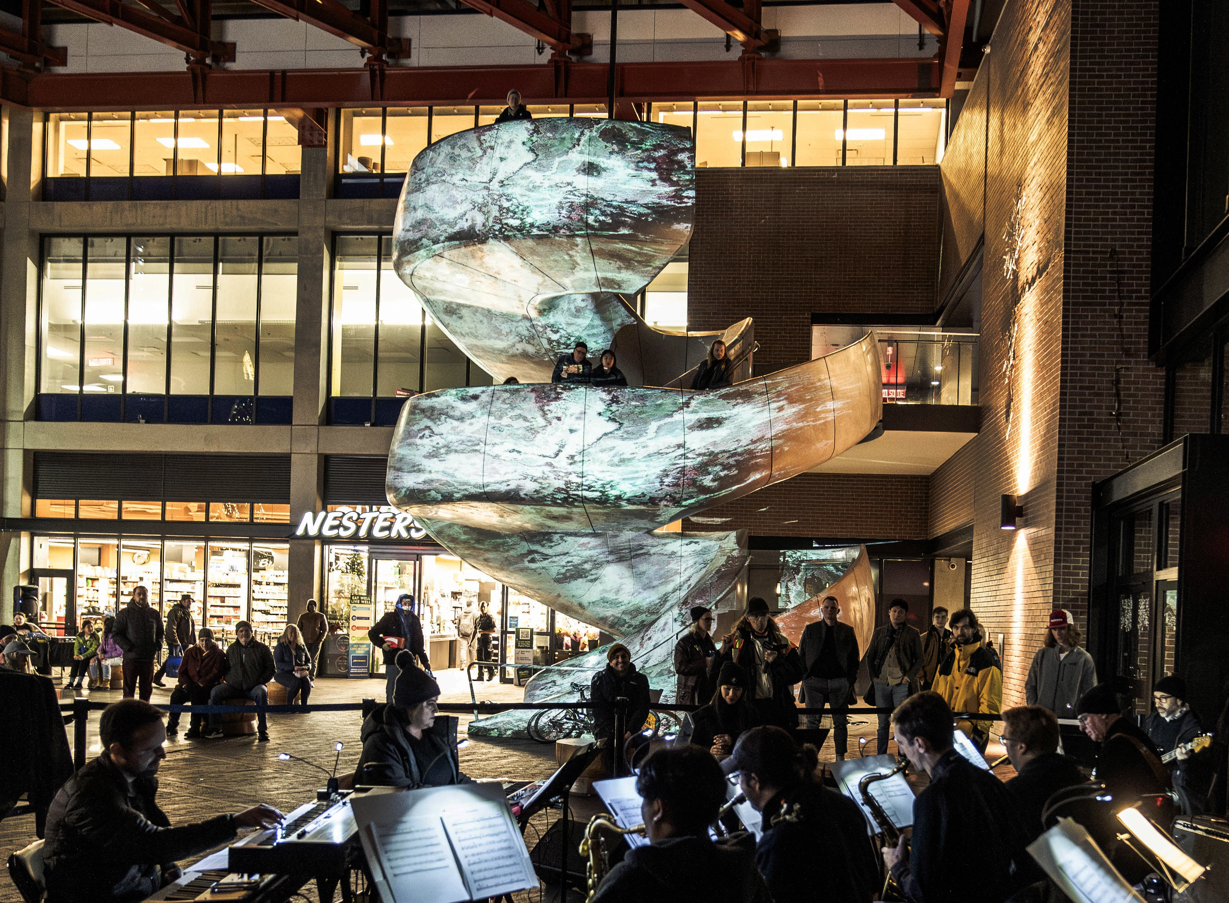 XEL · Noise-Fall — staircase projection horizontal view, Vancouver 2024